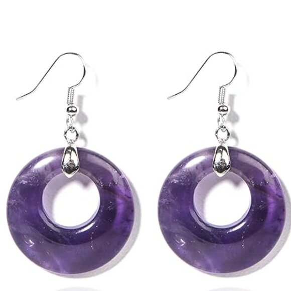 Jewelry - Amethyst Natural Stone Gemstone Healing Round Donut Dangle Earrings